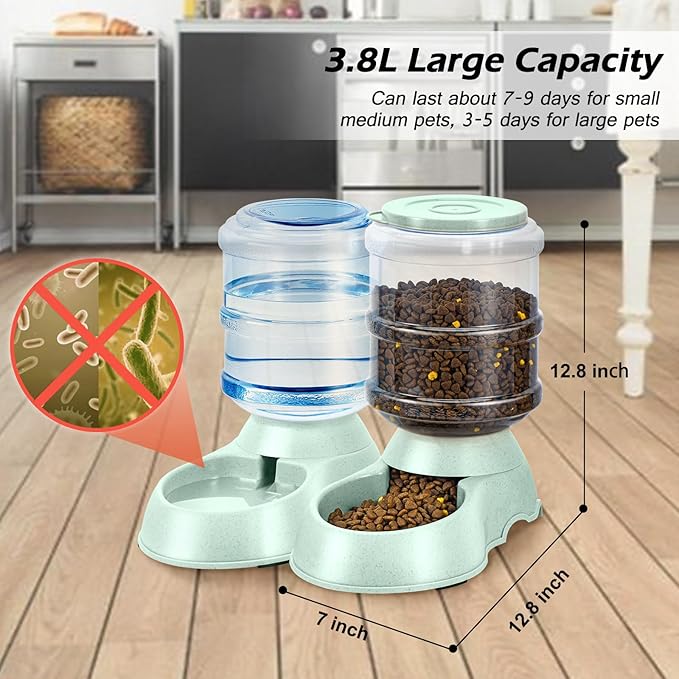 2 Pack Automatic Cat Feeder and Water Dispenser in Set Gravity Food Feeder and Waterer Pet Food Bowl for Small Medium Dog Pets Puppy Kitten Big Capacity 1 Gallon x 2 (2 Pack Green)