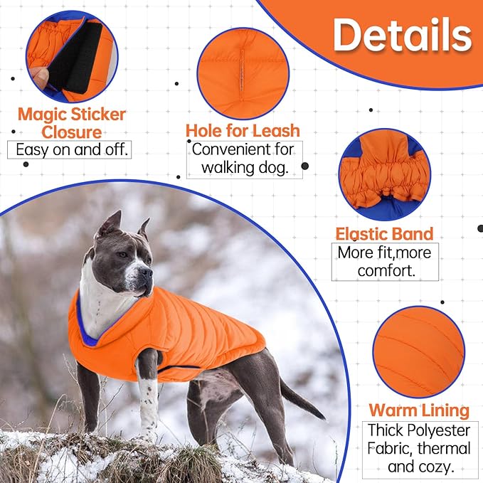 Lelepet Reversible Dog Coat Waterproof Dog Jacket Windproof Puffer Vest for Winter Warm Lightweight Coats for Small Dogs Adjustbale Hook & Loop Pet Apparel with Leash Hole, Shih Tzu, Orange, S