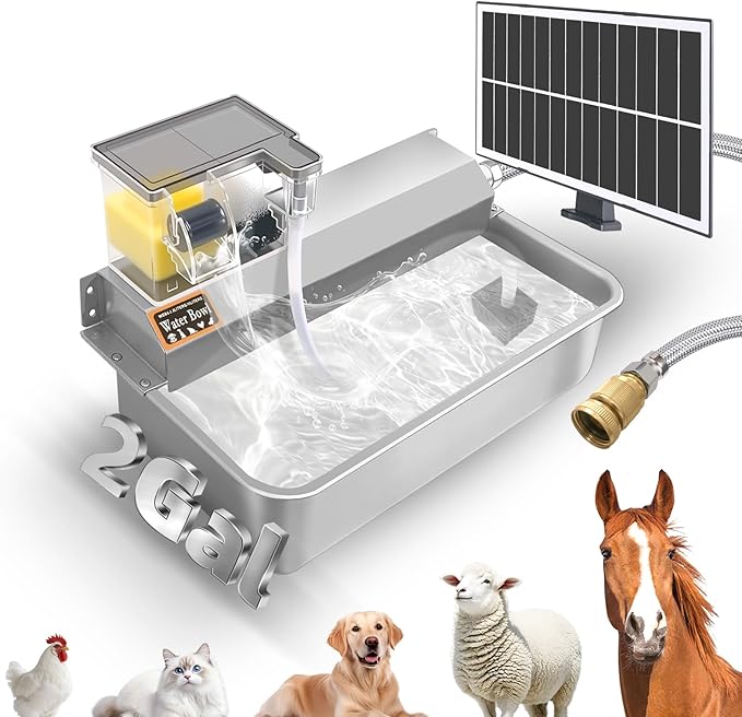 Automatic Water Dispenser for Dogs 2 Gallons, 304 Stainless Steel Solar Circulating Water Bowl for Pet Dog Cat and Livestock, 3/4" GHT Faucet Adapter - Indoor & Outdoor Use
