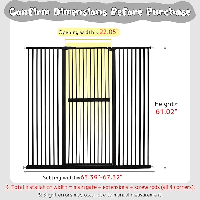 Lumizone Extra Tall Cat Gate 61.02" High Pressure Mounted Extra Wide 63.39"-67.32" (17Sizes) 1.37" Gap No Drilling Auto-Close Tall Pet Gate for Dogs (Black, 63.32"-67.91"/161-171cm)