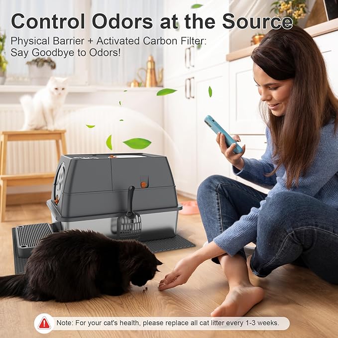 Stainless Steel Litter Box with Lid XL Extra Large Litter Box Enclosed Top Entry Metal Litterbox for Big Cats Easy Cleaning Anti-Leakage & High Sided with Mat Aisle & Scoop, Dark Grey