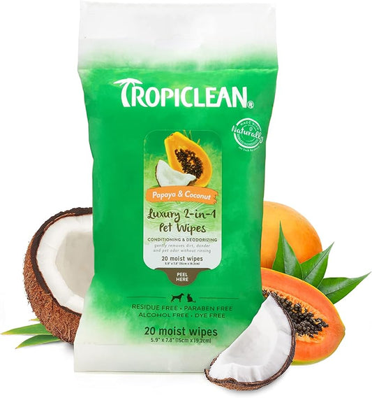 TropiClean Dog Wipes for Paws, Butt, Face, and Body, Anytime Cleaning and Deodorizing Pet Wipes, Safe for Licking, Papaya Scent, Cat Safe, 20ct
