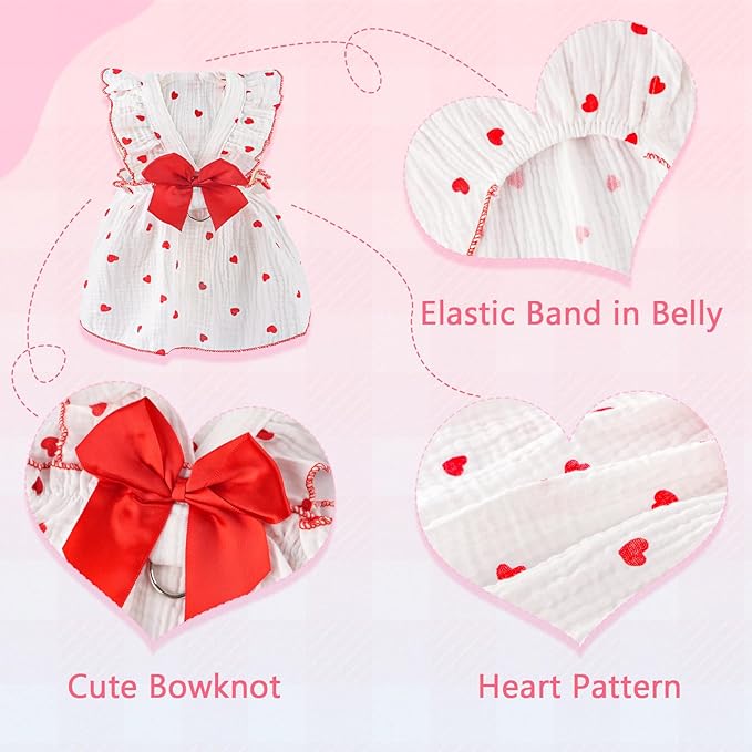 2 Pack Dog Dress Clothes for Small Dogs Girl with Leash Ring&Bows Puppy Cat Clothes Heart Print Cat Dog Outfit Dresses Ruffled Summer Pet Apparel Holiday Birthday Small