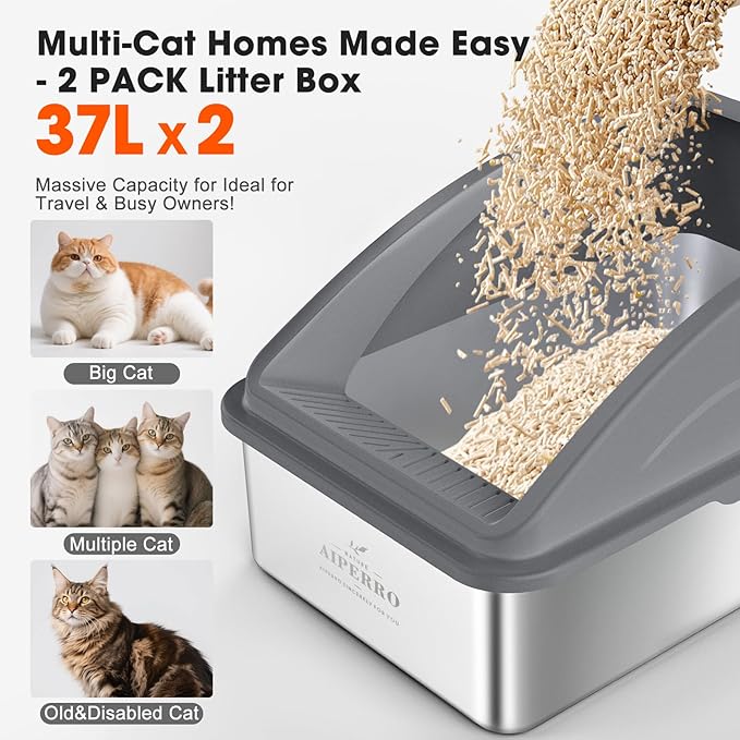 2 Pack Stainless Steel Litter Box | XL Enclosed Cat Litter Boxes with Lid for Big Cats and Multi-Cats | High Sided, Anti-Urine Leakage | Non-Stick Bottom（Multi-Colored