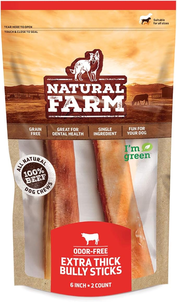 Natural Farm Odor-Free Jumbo Bully Sticks, (6 Inch, 2 Pack), Extra-Thick Chews for Dogs, Fully Digestible 100% Beef Treats, Great for Dental Health, Keep Your Dog Busy with 50% Longer Lasting Chews