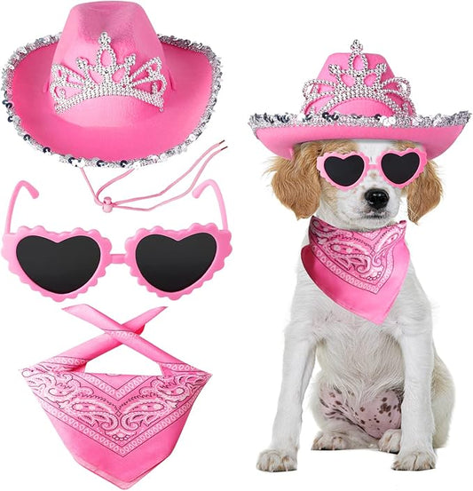 Yewong Pet Pink Cowboy Hat Costume Accessory Set Dog Cat Size Pink Cowgirl Princess Hat with Crown Tiara Bandana/Scarf Sunglasses for Cat Puppy Western Costume Daily Wearing Photo Props