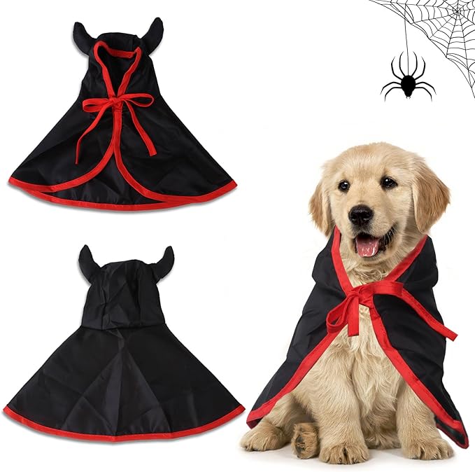 Threetols Pet Vampire Cloak Cape Costume Clothes, Adjustable Black Red Pets Devil Accessories Outfit Decor Cowl for Small Cats Dogs Animals Halloween Party Pets Cosplay