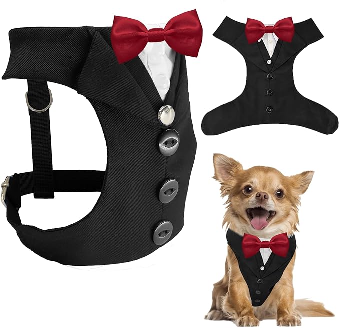 AVERYDAY XS Pet Tuxedo Harness, Wedding Costume Outfit for Small Dogs, Slim Cats and Tiny Pets with 8.3" Neck, 13-14.6" Chest, 10" Max Head Girth, Formal Suit Costume for Mini Breeds