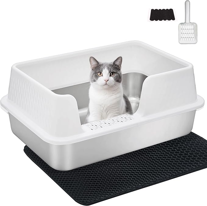 Medium Low Entry Enclosed Stainless Steel Cat Litter Box with lid Scoop and Pads Easy Clean Kitten Kitty White Metal Litter Box