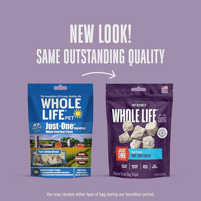 Whole Life Dog Just One Turkey Freeze Dried Dog Treats - Human Grade High Protein Food, Healthy Training Snacks, Freeze Dried Food Toppers, USA Made Natural Treats - 2.5 oz (Value Pack of 1)