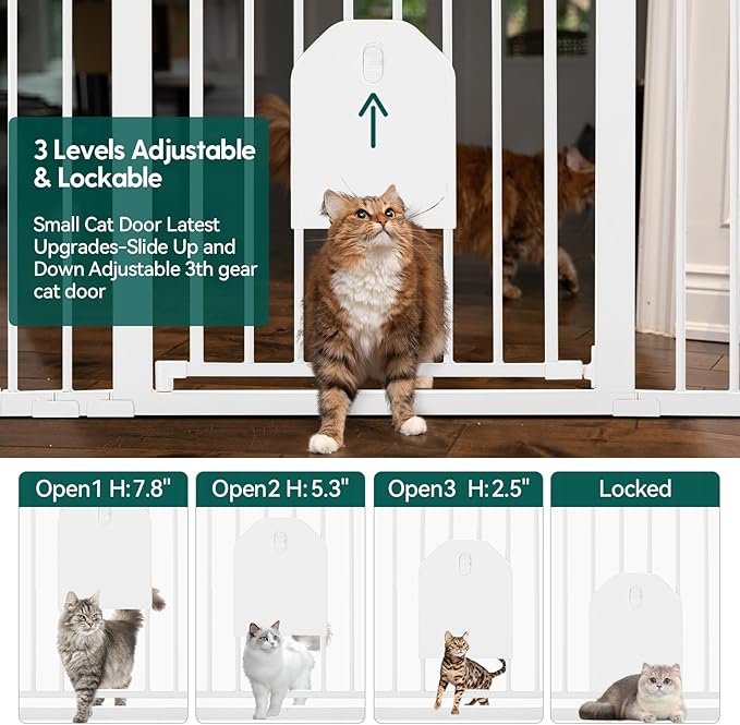 Babelio 36-56" Extra Wide Auto Close Baby Gate with Cat Door, Pet Gate Indoor with Extra Wide Walk Thru Door, Metal Dog Gate for Doorway, Stairs, Includes 4 Wall Cups and 3 Extension Pieces, White