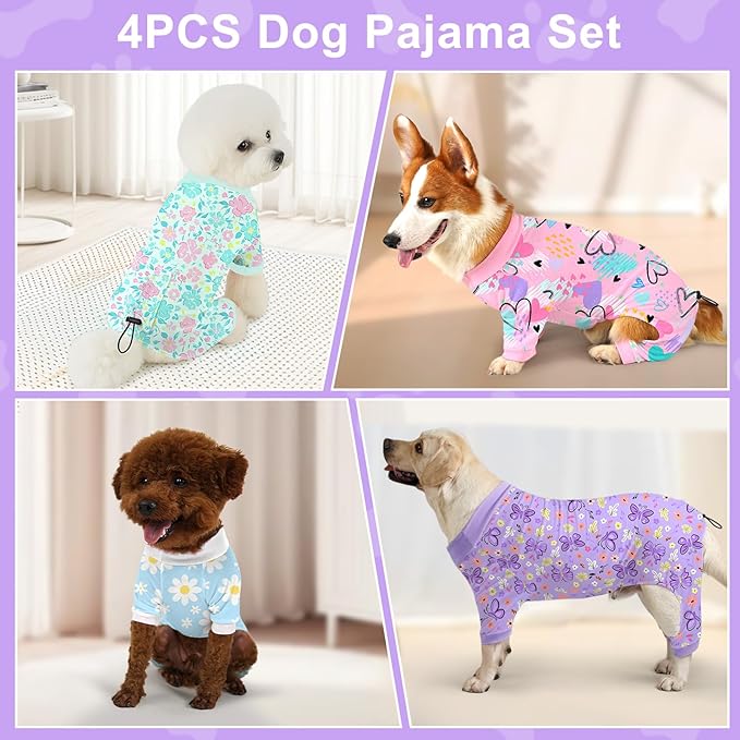 Bienbee Dog Pajamas, 4 Pack Cute Soft Dog Puppy Clothes Dogs Pjs Onesies Jammies Outfit Adjustable Breathable & Stretchy Clothes for Small Medium Large Dogs Girl Boy Puppy-S