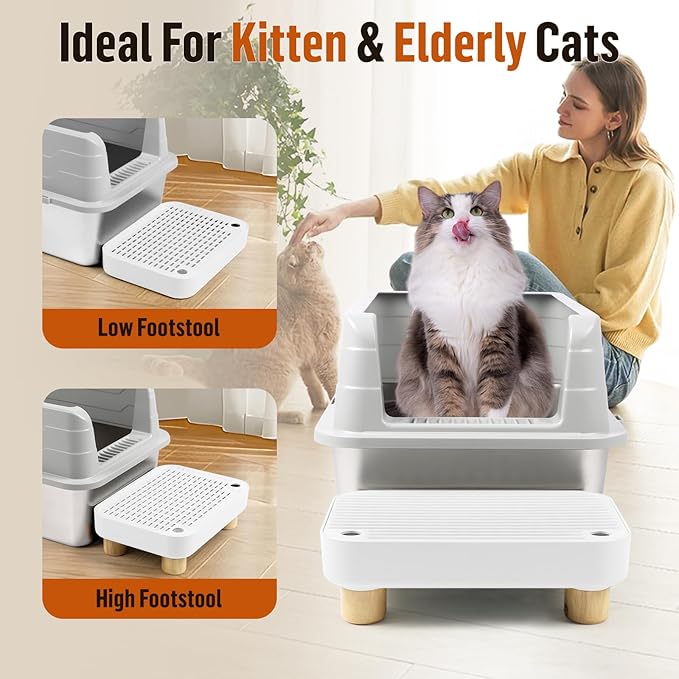 Cat Litter Box Step Ramp, Cat Litter Catcher Mat with Wooden Feet, Filter Function, Pedal Stool for Self-Cleaning Litter Box, Ideal for Kitten & Elderly Cats (White)