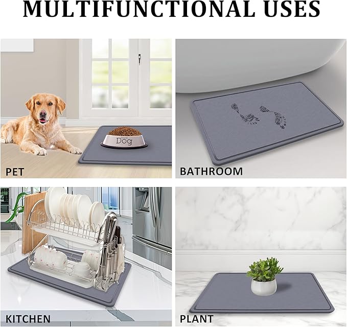 Extra Large Stone Dog Food Mat,Absorbent Cat Dog Mat for Food and Water, Quick Drying Pet Feeding Mat, Anti-Slip Diatomaceous Earth Dog Bowl Mat for Messy Drinkers,Dark Grey 23.6''x15.35''