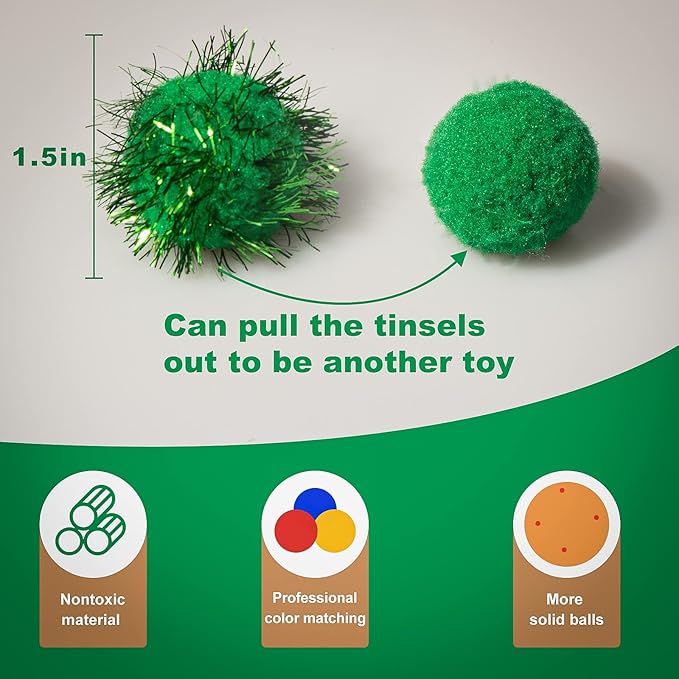 VAPKER 30 Piece 1.5" Green Color Sparkle Balls Cat's Favorite Toy Tinsel Pom Poms Glitter