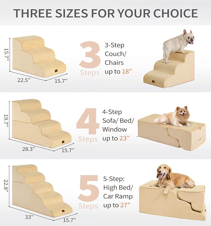 Made4Pets Dog Stairs Ramp for Bed, 4-Step Dog Steps for High Bed Couch Sofa Climbing, 35D Foam Pet Steps for Small Dogs and Cats, Non-Slip Bottom Pet Stairs, Tan