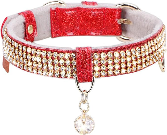 PetsHome Cat Collar, Dog Collar, [Bling Rhinestones] Premium PU Leather with Pendant Adjustable Collars for Cat and Small Dog Extra Small Red