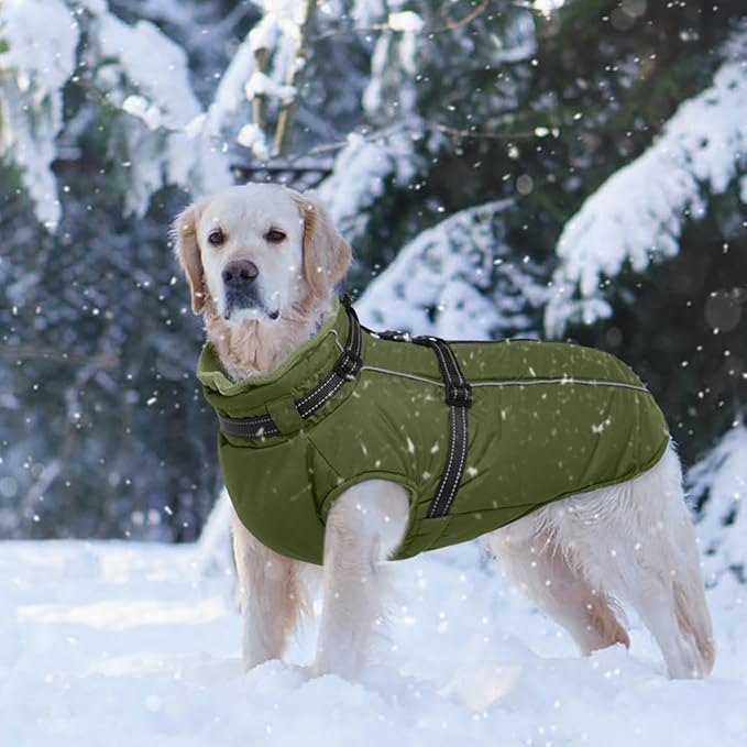 Lelepet Waterproof Dog Jacket with Harness Built in Warm Dog Winter Coat, Reflective Fleece Jacket, Dogs Coats for Medium Dogs, Thermal Turtleneck Pet Snowsuit for Outdoor, Schnauzer, Army Green, M