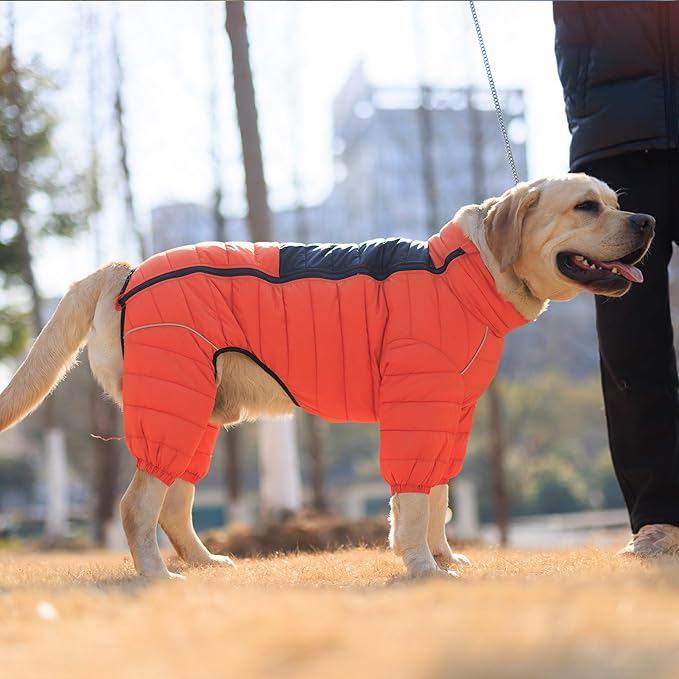 Dog Coat Dog Warm Jacket, 4 Legs Covered Waterproof Windproof Reflective Warm Dog Vest, Zippered Adjustable Outdoor Dog Snow Jacket for Small Medium Large Dogs Orange L