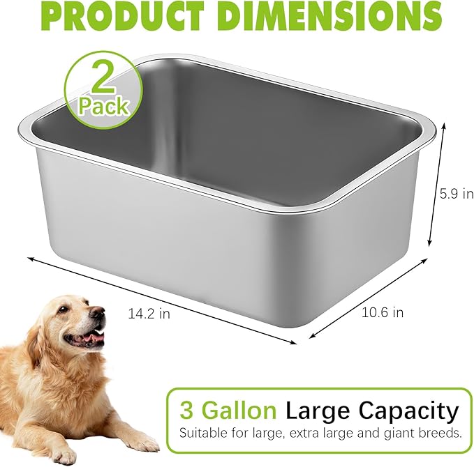 Fhiny 2 PCS Stainless Steel Dog Bowl, 3 Gallon Capacity Durable Metal Water Dish for Large Dogs, Indoor/Outdoor, Dishwasher Safe