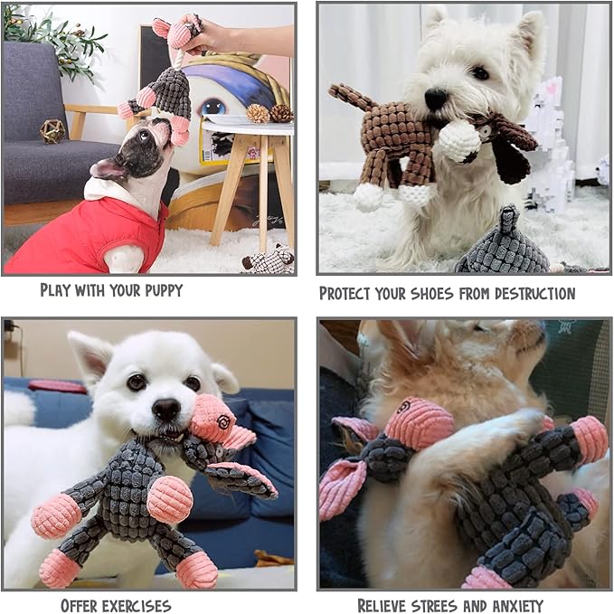 Squeaky Plush Dog Toys Pack for Puppy, 3 Pack Durable Stuffed Animal Plush Chew Toys with Squeakers, Cute Soft Dog Toys for Teeth Cleaning, for Small Medium Large Dogs