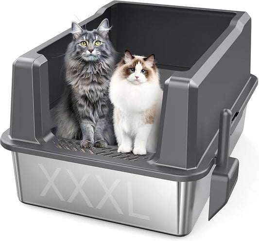 XXXL Stainless Steel Litter Box with Lid, 28" L x 20" W x 14" H Extra Large Cat Litter Box, Enclosure Metal Cat Litter Pan with High Side, Non-Stick, Anti-Leakage, Easy Clean for Big and Multiple Cats