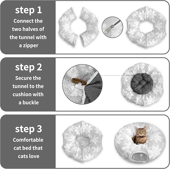 Cat Tunnel Bed for Indoor Cats, Cute Cat Donut Tunnel with Washable Circle Cushion, Under Christmas Tree Soft Plush Peekaboo Cat Cave Toy for Kitten, Puppy, Rabbit (Grey)