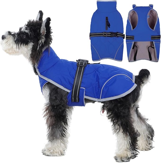 IDOMIK Dog Winter Jacket, Adjustable Waterproof Dog Warm Coat with Fleece Lining, Turtleneck Windproof Cold Weather Coats for Winter, Reflective Warm Snow Jacket for Chihuahua Yorkshire,Blue,XS