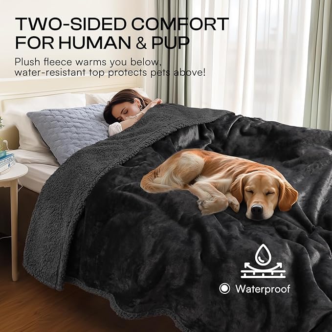 Luciphia Waterproof Pet Blankets, Liquid Pee Proof Dog Blanket for Sofa Bed Couch, Reversible Sherpa Fleece Furniture Protector Cover for Small Medium Large Dogs Cats, Black King Size（100" x 85"）