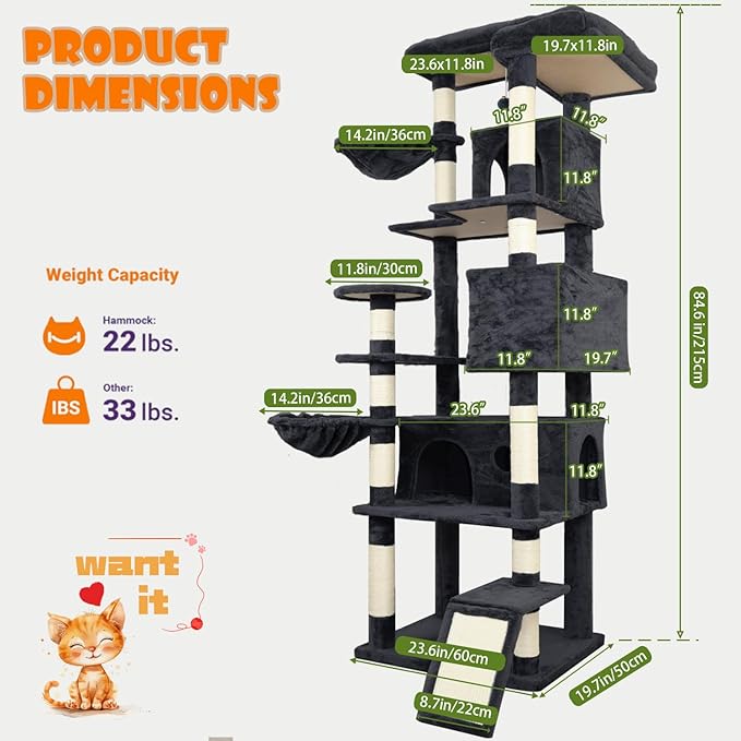 84.6in Cat Tree, Patent Fabric Multilevel Cat Tower for Adult Cats, Climbing Tree House and Towers with Condo Hammock Scratching Post Large Platform Wide Base (Dark Gray, 84 in)