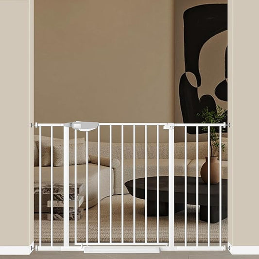 WAOWAO Triple Lock 29.72-47.24" Baby Gate Extra Wide Pressure Mounted Walk Through Swing Auto Close Safety White Metal Dog Pet Puppy for Stairs,Doorways,Kitchen