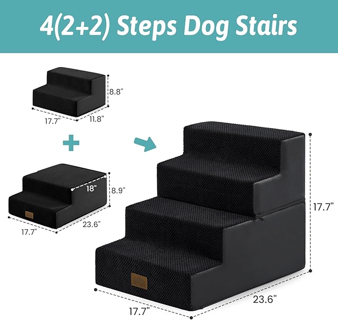 Dog Stairs for Small Dogs, 4 Tier Removable Wider Pet Stairs for Couch and Bed, 17.7" H Dog Steps for Old Cats, Puppy, Small Dogs, 17.7x23.6x17.7 inch, Black