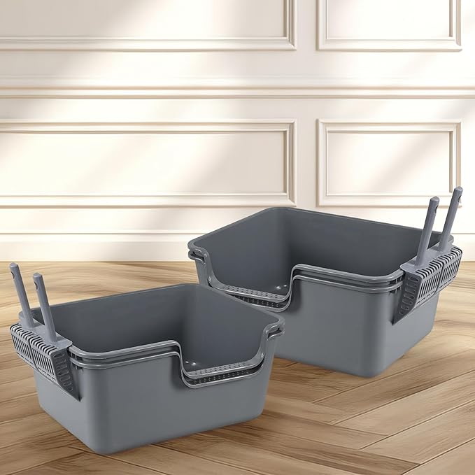 4 Packs Plastic High Wall Cat Litter Box with Scoop, Open Top Cat Litter Basin, Gray