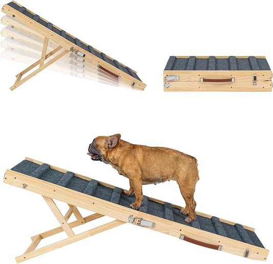 Clikuutory 2025 Upgraded Dog Ramp for Couch, 51.2" Foldable Small Dog Ramp for Bed, 5 Adjustable Height from 14" to 28", Portable Stable Pet Steps with Anti-Slip Carpet for Low Bed Couch Stairs, Wood