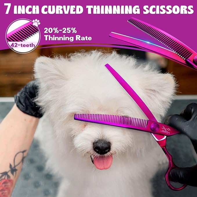 JASON Dog Grooming Scissors Set - Professional 6 in 1 Dog Shears Set - 7" Curved Thinner, 7" Straight, 7" Up-Curved, 7" Down-curved Scissors and Comb for Dog Cat Pet with Adjustable Screw