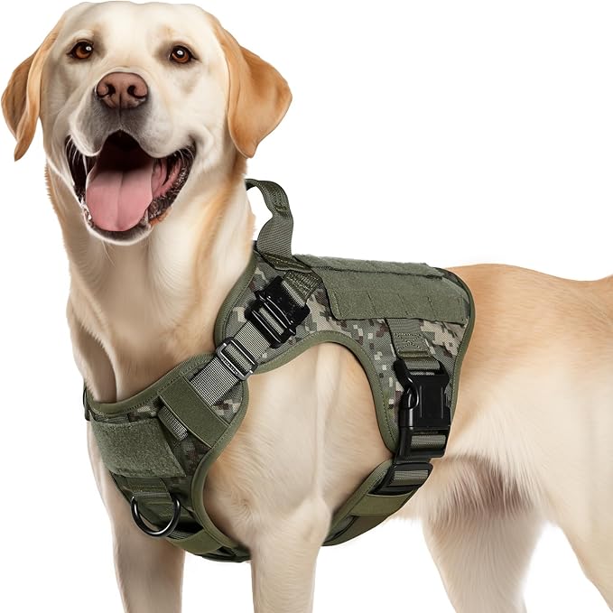 rabbitgoo Tactical Dog Harness Medium Sized, Heavy Duty Pet Harness with Handle, No-Pull Service Vest Medium Breed, Adjustable Military Dog Vest for Training Hunting Walking, Green Camo, M