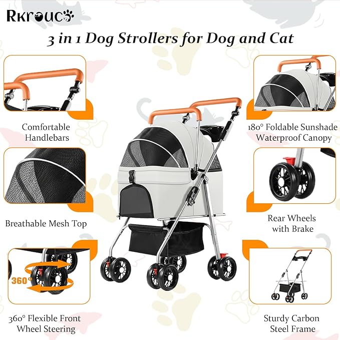 3 in 1 Dog Strollers 4 Wheels Folding Pet Stroller with Detachable Carrier Multifunction Portable Dogs Travel Carriers for Medium Small Puppy Kittens(White Gray)