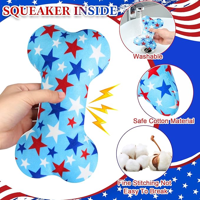 6 Pack Patriotic Dog Squeaky Bone Toys Plush Interactive Dog Pets Birthday Bone Shape Stuffed Chew Toys for Puppy Small Medium Large Squeak Toss Play