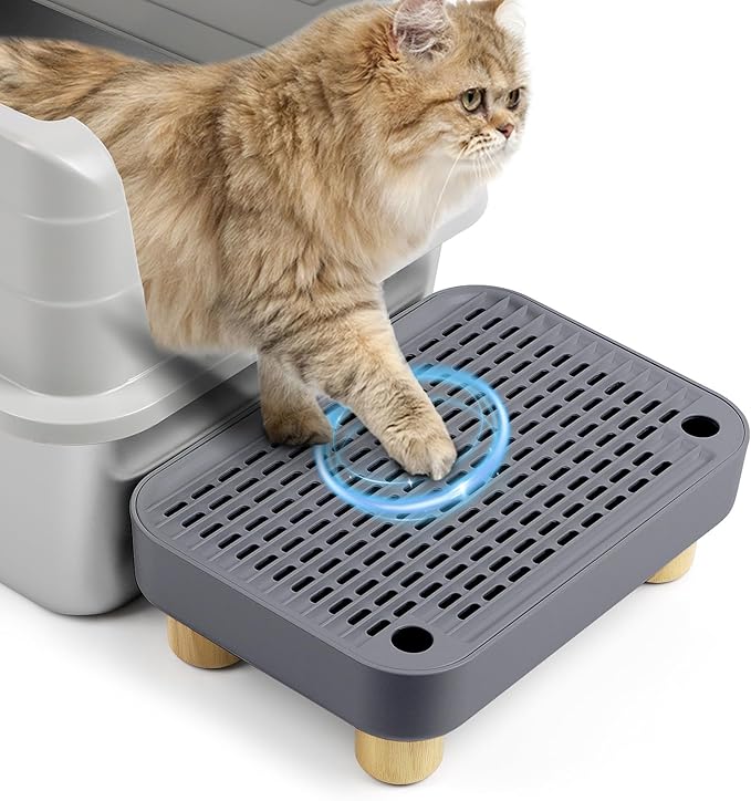 Cat Litter Box Step Ramp, Cat Litter Catcher Mat with Wooden Feet, Filter Function, Pedal Stool for Self-Cleaning Litter Box, Ideal for Kitten & Elderly Cats (Dark Grey)