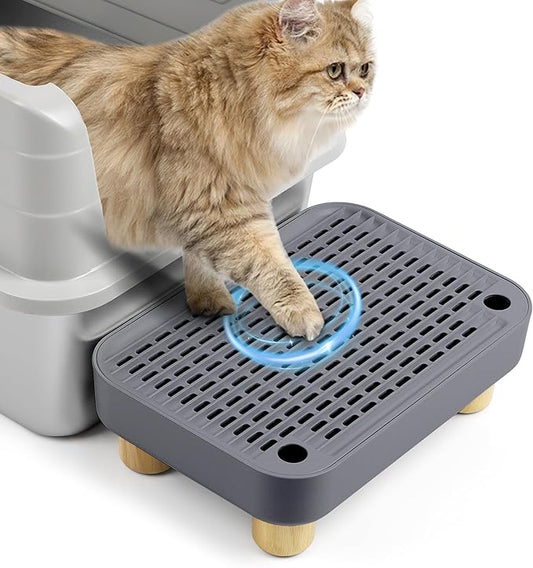 Cat Litter Box Step Ramp, Cat Litter Catcher Mat with Wooden Feet, Filter Function, Pedal Stool for Self-Cleaning Litter Box, Ideal for Kitten & Elderly Cats (Dark Grey)