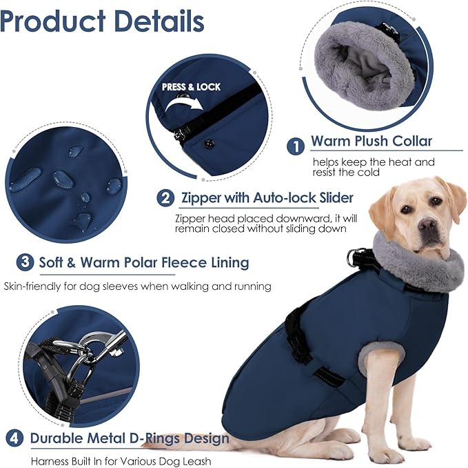 AOFITEE Small Dog Coat with Harness Built in, Fleece Dog Winter Jacket, Reflective Puppy Winter Coat with Zipper On Back, Warm Turtleneck Pet Sweater Windproof Puffer Jacket for Chihuahua, Yorkie, XS