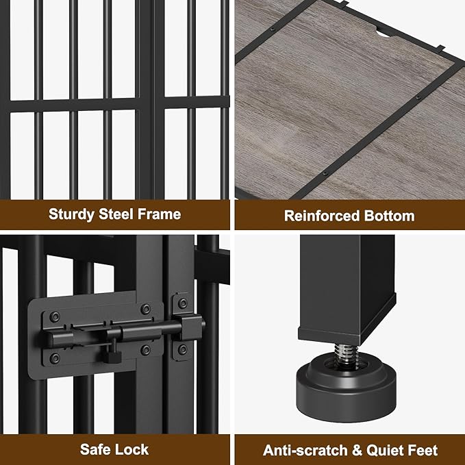 Easycom 27" Dog Crate Furniture Foldable, No Assembly Decorative Dog Kennel Indoor, Dog Crates for Small Dogs (Under 20 lb), Wooden Dog Cage with Adjustable Bowls and Name Tag, End Table, Oak Grey