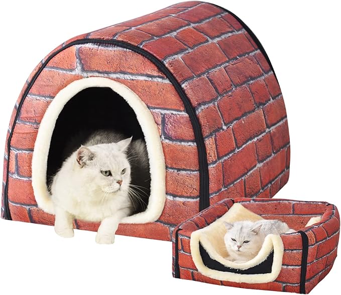 Cat Bed or Dog Bed,2 Ways to Use,Indoor Pet House with Fluffy Mat,Removable and Washable Cover,Splash-Proof House and Non-Slip Bottom,for Cats and Small Dogs(S Brick)