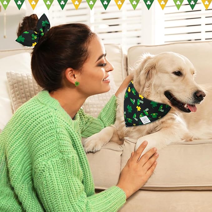E-Clover Dog Bandana Boy & Matching Scrunchie-Shamrock Dog Bandanas Irish Pet Scarf Bib for Medium Large Dogs Girl Owner Gift Dark Green