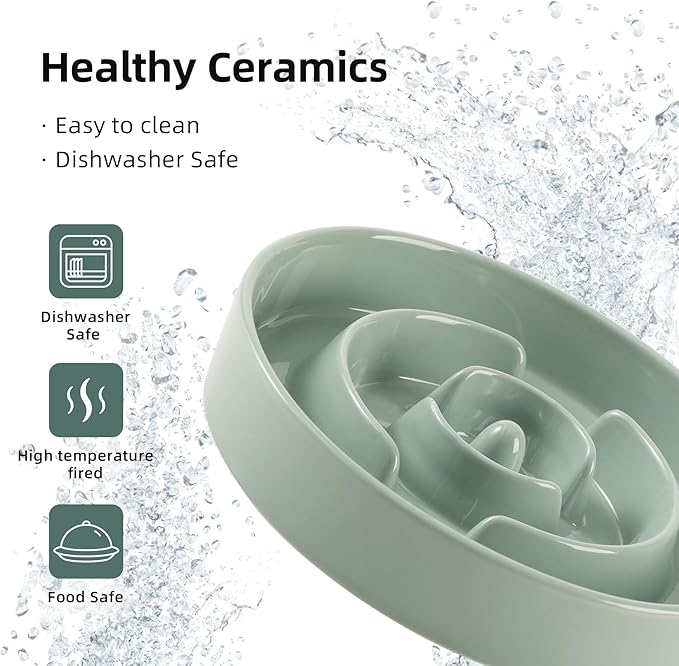 8.2inch Ceramic Slow Feeder Dog Bowl for Medium and Large Breed, Puzzle Dog Food Dish, Anti-Gulping, Pet Slow Feeder, Stop Bloat, Preventing Choking (Single Bowl-Light Green)