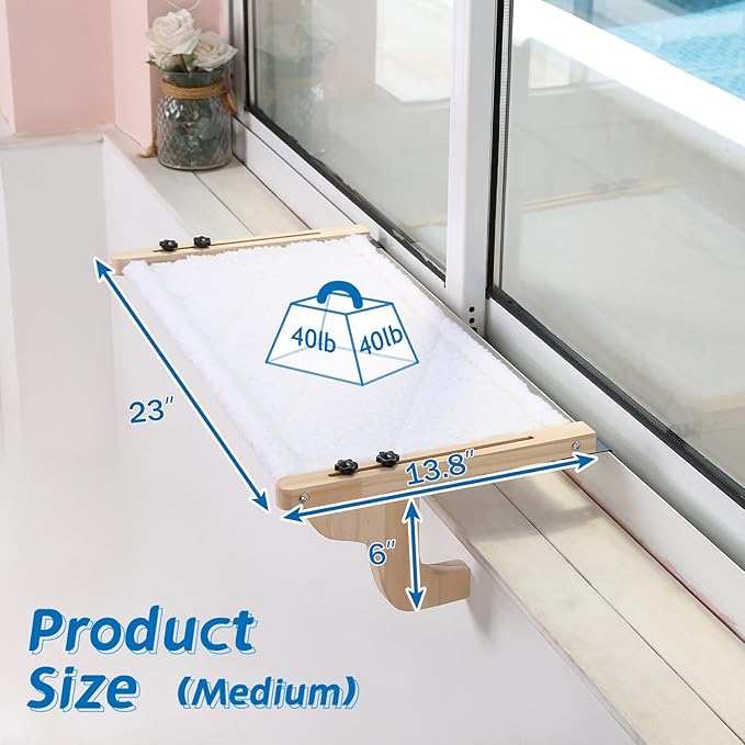 Zakkart Easy Seat Cat Perch for Window Sill - Hammock Design w/Pine Wood & Robust Metal Frame - Cat Window Seat for Large Cats and Kittens (Natural Color Wood w/White Bed, Medium (23''W x 14''D))