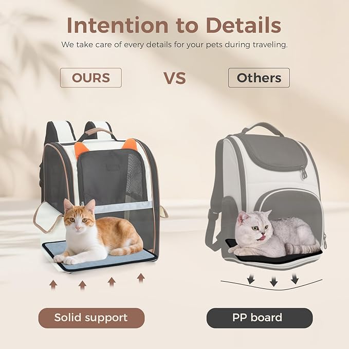 Lekereise Cat Backpack Carrier, Pet Carrier Backpack for Small Dogs Medium Cats Fit Up to 18 Lbs, Dogs Foldable Backpack Carrier for Travel, Hiking, Beige-Orange Ears