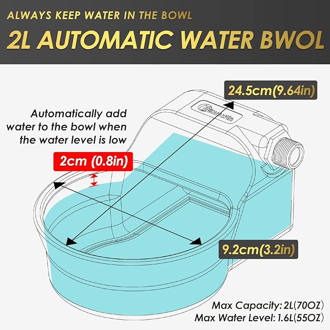 Automatic Dog Water Bowl Dispenser Patented 70OZ Water Dispenser for Dogs 2L Water Bowl Fit 3/4in GHT Male Faucet Outdoor Automatic Water Bowl Include Automatic Water Fill Valve Adapter 5ft Water Hose