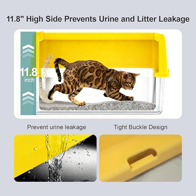 Stainless Steel Cat Litter Box, Open Top High-Sided Metal Litter Box with Scoop, Extra Large Litter Boxes for Kitty Kitten and Big Cats, Anti-Urine Leakage, Non-Sticky, Easy to Clean (Yellow)