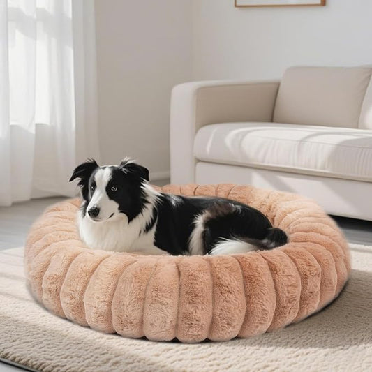 Donut Dog and Cat Bed, Luxurious Comfortable Faux Rabbit Fur Pet Beds, Round Anti-Anxiety Calming Puppy Kitten Bed with Anti-Slip Bottom for Small Medium Large Dogs & Cats(36", Brown)